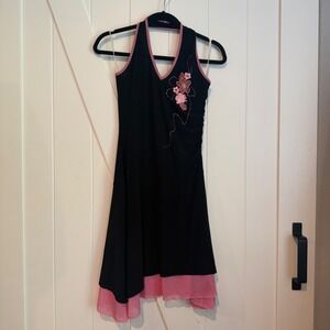 Vintage Y2K halter minidress fairy grunge embellished floral applique ruched